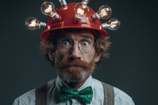 Surprised man with curly hair wearing glasses and a red helmet with light bulbs, showcasing a quirky expression.