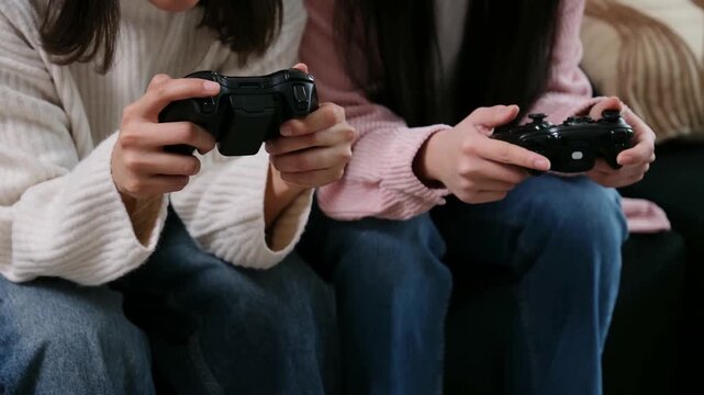 Close up of two friends sitting on a sofa and having fun playing a video game at home