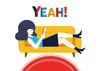 Naklejka premium Young Woman Relaxing on a Yellow Sofa Using Smartphone with Yeah Text Flat Vector Illustration