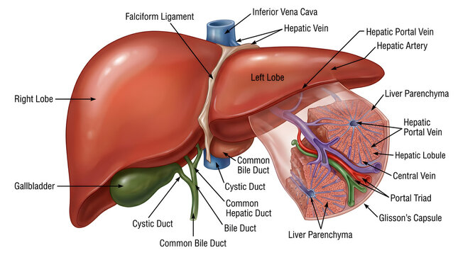 Cross‑sectional anatomy of the human liver illustrating right and left lobes, gallbladder, hepatic artery, portal vein, hepatic vein, bile ducts and microscopic liver lobule with central vein, sinusoi