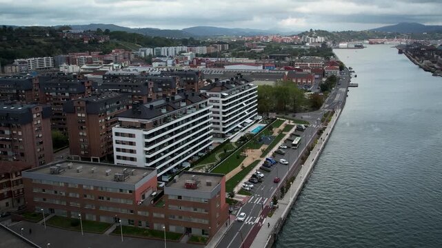 Nervion river in the Basque Country. High quality 4k drone footage