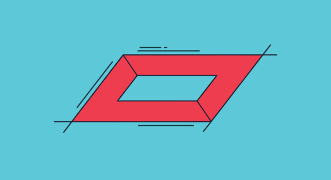 Abstract red geometric shape in the form of a parallelogram with an inner cutout positioned on a solid bright light blue background.