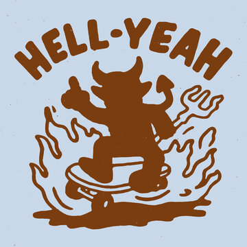 Funny vintage engraving featuring a playful devil on a skateboard with a humorous twist