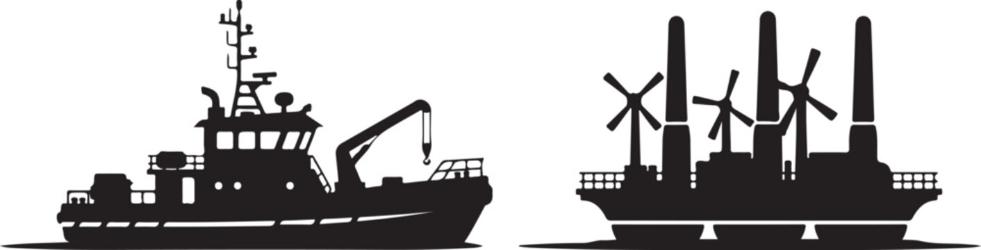 Black silhouette ships, cargo vessel, tugboat, industrial fleet icons, vector graphics