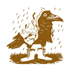 Obraz premium Funny vintage print with a raven in rain gear enjoying a stormy day in nature