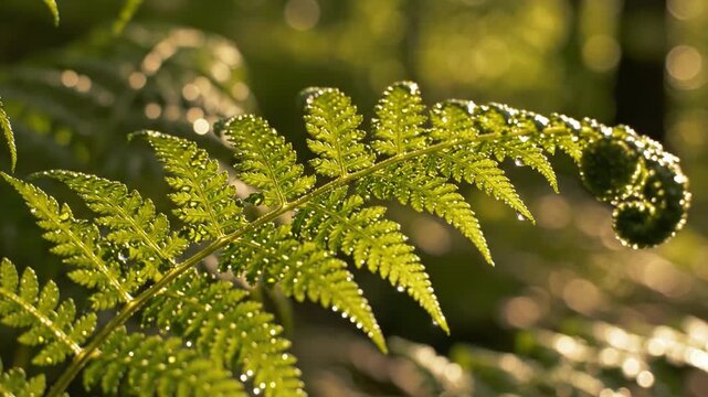 Close-up view of a green fern frond with morning dew drops on leaflets, backlit by golden sunlight in a lush forest with soft bokeh background and curled fiddlehead tip.