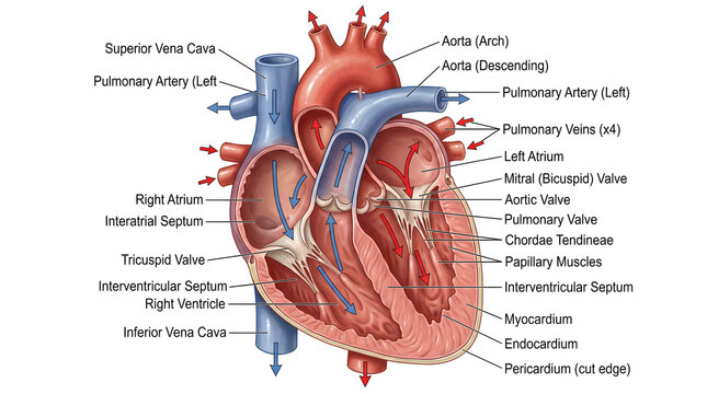 Detailed cutaway illustration of the human heart showing atria, ventricles, valves, chordae tendineae, papillary muscles, interventricular septum, great vessels and myocardial, endocardial and pericar