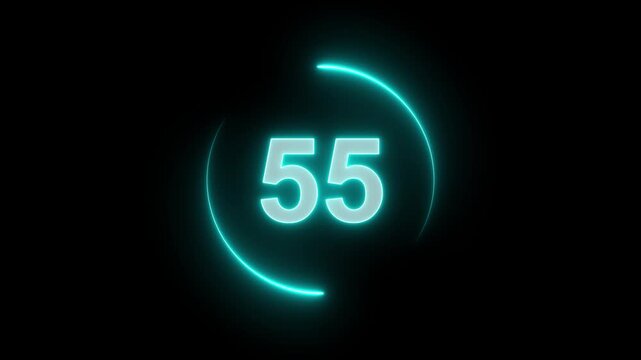 60 seconds countdown timer animation, 60-0 counting down seconds neon number neon circle. black background. Motion graphics of concept. 4K video animation