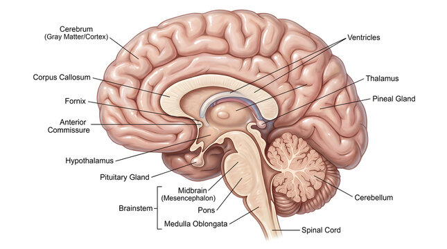 Human brain sagittal anatomy illustration showing cerebral cortex, corpus callosum, ventricles, fornix, thalamus, hypothalamus, pituitary gland, midbrain, pons, medulla oblongata, cerebellum and spina