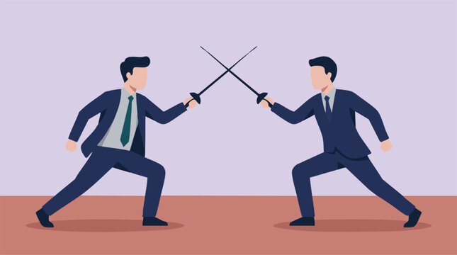 Businessmen fencing with swords, symbolizing competition and corporate rivalry
