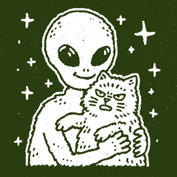 Whimsical alien hugs grumpy cat in a cosmic scene brimming with humor and charm for vintage t-shirt lovers