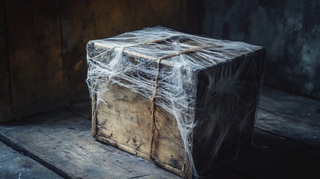 Weathered wooden mystery box covered in spider webs sitting in an abandoned haunted mansion room with creaking floors and ghostly whispers evoking suspense