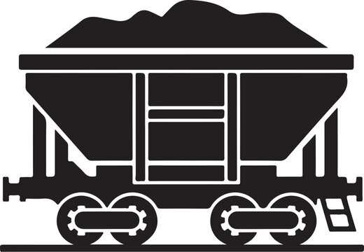 Industrial coal train car, black silhouette, mining transportation icon, vector graphics