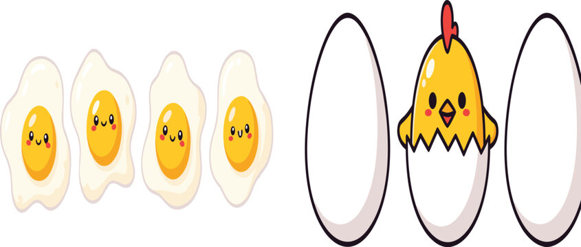 Cute egg transformation to chick illustration, kawaii fried eggs and hatching chicken concept, food and life cycle cartoon vector for kids education and fun design