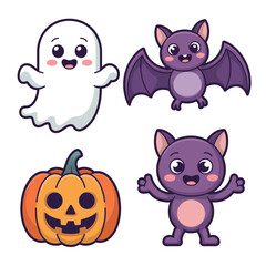 Fototapeta premium Cute halloween set with ghost, flying bat, standing bat, and jack-o'-lantern pumpkin