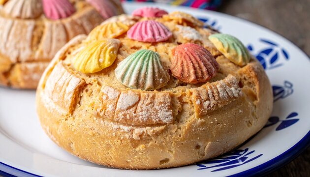 Soft Mexican concha bread with colorful sugar shell topping