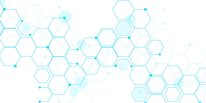Molecular structure abstract tech background. Geometric blue background. Vector banner design with hexagons. Science network pattern, connecting lines and dots Medical background, Vector illustration.