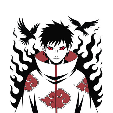 Mysterious Anime Character with Crow Swirls and Sharingan - Vector Design.