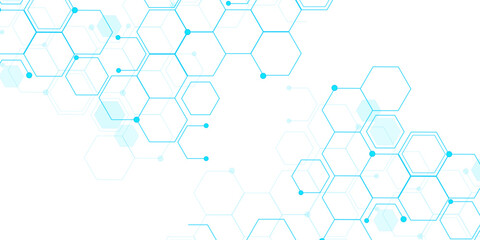 Molecular structure abstract tech background. Geometric blue background. Vector banner design with hexagons. Science network pattern, connecting lines and dots Medical background, Vector illustration. © Kainat 