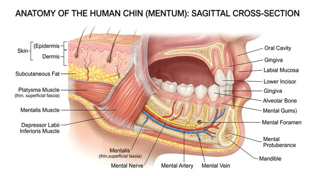 Anatomy of the human chin (mentum) in sagittal cross‑section showing skin, subcutaneous fat, mentalis and depressor muscles, mental nerve and vessels, mandible, lower incisor roots, gingiva and oral c