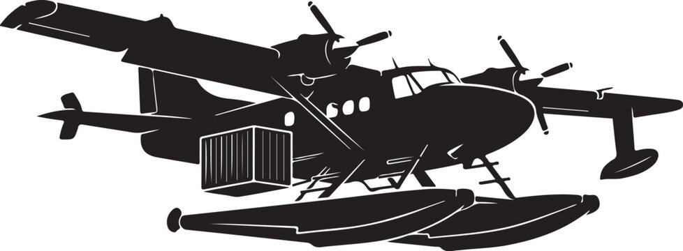Black silhouette seaplane, airplane vector, floatplane icon, aircraft illustration
