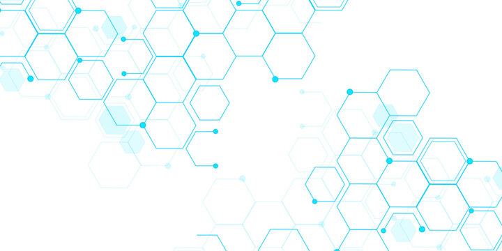 Molecular structure abstract tech background. Geometric blue background. Vector banner design with hexagons. Science network pattern, connecting lines and dots Medical background, Vector illustration.