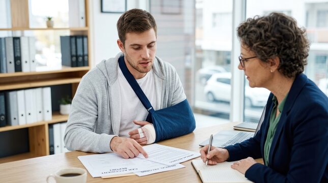 A woman in a business suit is speaking with a young man wearing a sling on his left arm.