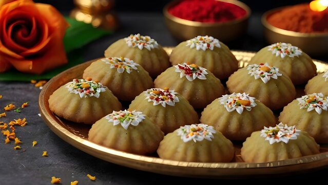 Diwali sweets Gujiya peda barfi Indian sweet dessert mithai festival Dussehra Holi ganesh chaturthi Ram navami Durga pooja ashtami Navratri 4K footage Mumbai Kerala India Sri Lanka 

