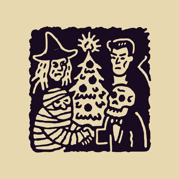 Funny vintage illustration of a quirky Christmas gathering featuring a witch, a skeleton, and a villainous character