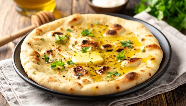 Traditional Indian naan bread served hot with butter and herbs