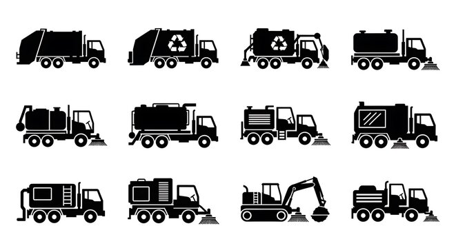 Black silhouette garbage trucks icons.
