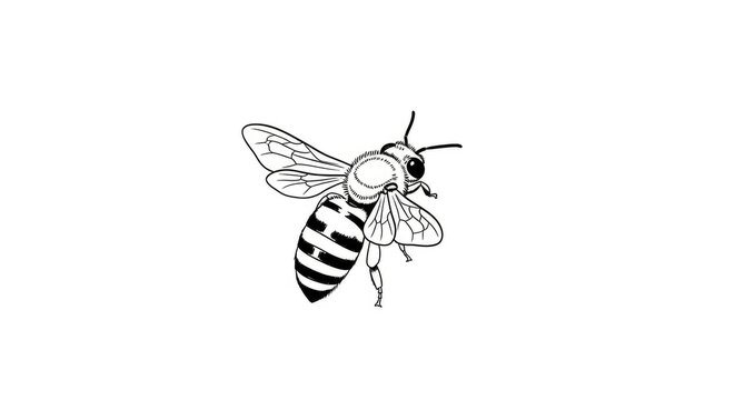 A black and white line drawing depicts a bee hovering in mid-air. The bee has detailed wings, legs, and antennae.