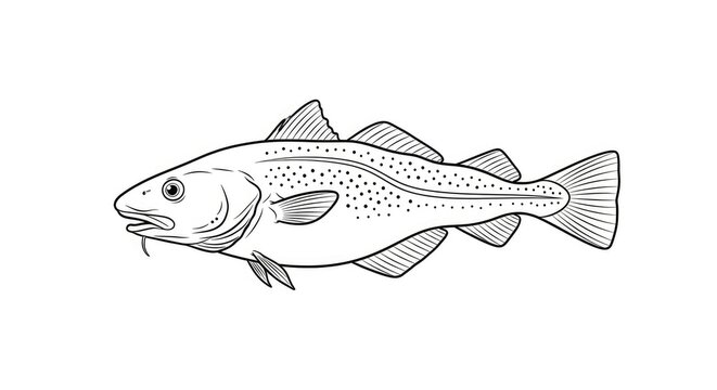 A detailed black and white line drawing depicts a whole Atlantic cod fish. The fish has a streamlined body, prominent dorsal and anal fins, and a distinct mouth with a hook.