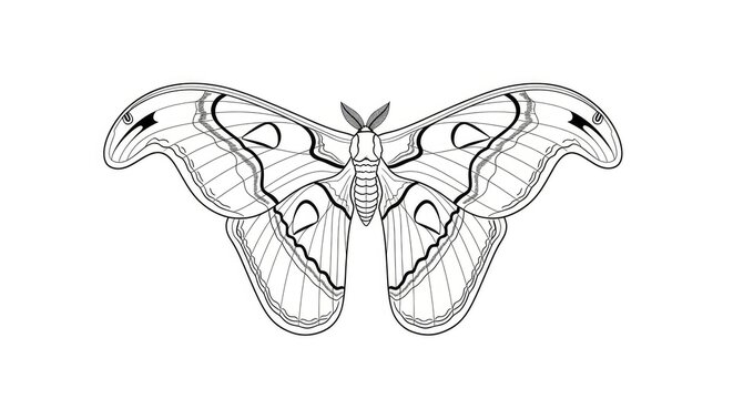A detailed black and white line drawing depicts a large moth. The moth&rsquo;s wings are expansive and intricately patterned with delicate lines and curves.
