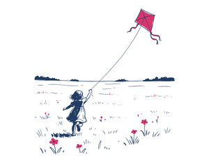 Hand-Drawn Illustration of Girl Flying a Kite in a Meadow