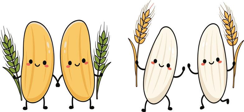 Cute rice and wheat grain characters illustration, kawaii cereal mascots with harvest concept, agriculture food cartoon vector for healthy nutrition and farming design