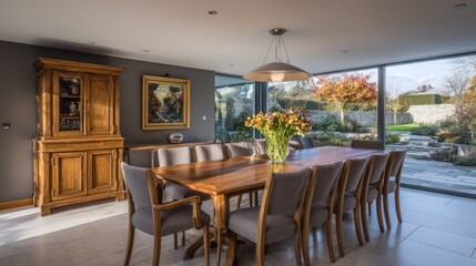Fototapeta premium Spacious modern dining room features a large wooden table and views of an expansive landscaped garden