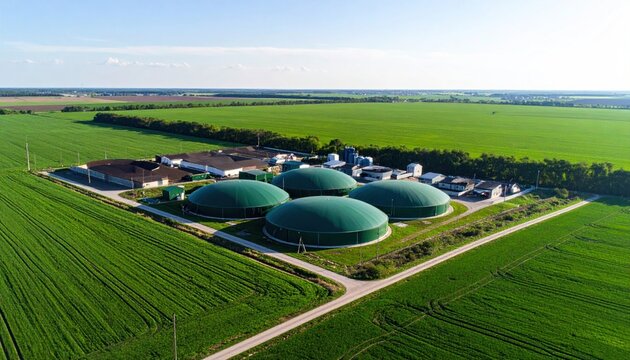 Biogas plant on green field.