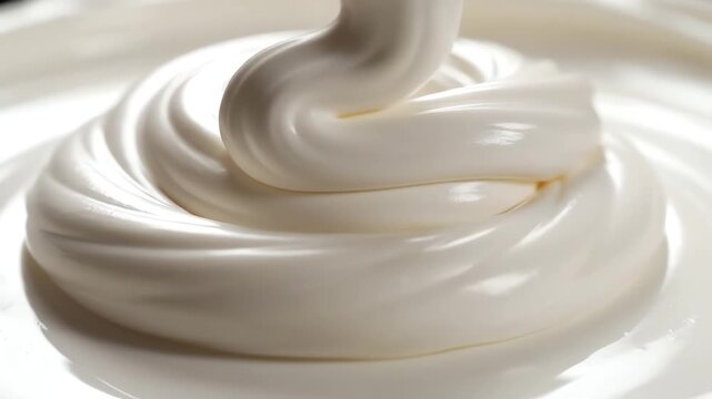 Close-up macro shot of thick white cream being dispensed creating swirling patterns and soft textures