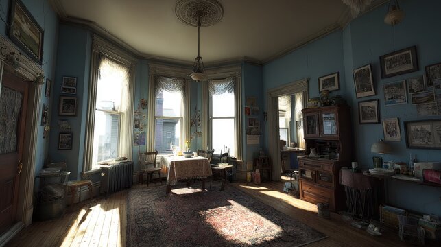 Interior view reveals a sunlit, lived-in apartment room with antique furnishings and blue walls