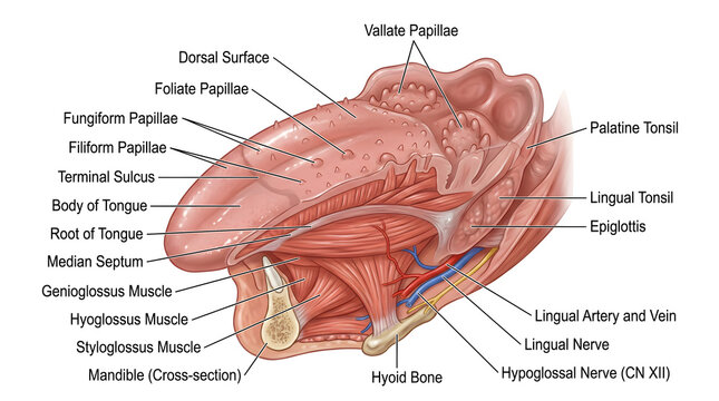 Sagittal cross‑section of the human tongue showing dorsal surface papillae, root and body of tongue, intrinsic and extrinsic tongue muscles, mandibular attachment, hyoid bone, lingual tonsil, palatine