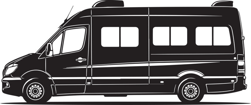 Black camper van, motorhome silhouette, travel vehicle, transportation icon