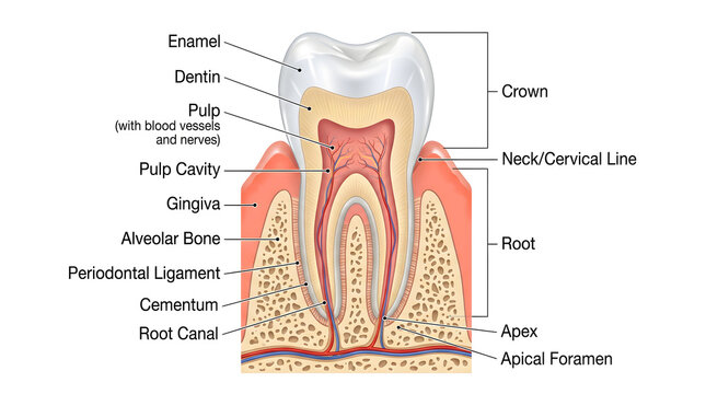 Cross‑sectional anatomy of a human tooth and surrounding periodontium labeling crown, neck (cervical line), root, enamel, dentin, pulp with nerves and vessels, root canal, cementum, periodontal ligame