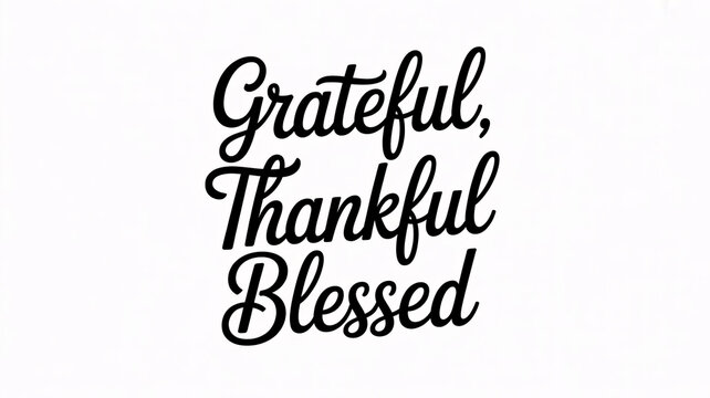 Inspirational quote, grateful thankful blessed, black cursive text, white background, motivational phrase, typography design