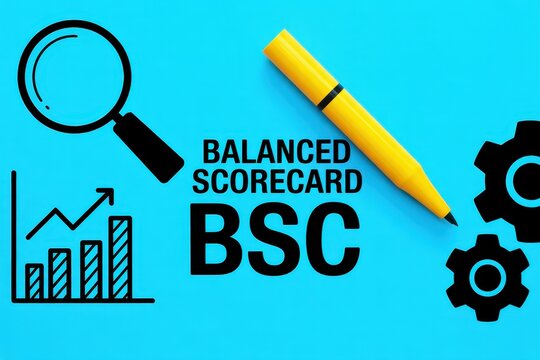 Balanced Scorecard concept represented by icons and pen on blue background