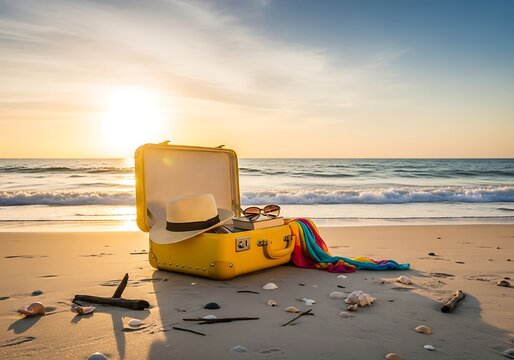 Bright yellow suitcase containing summer accessories rests on sandy seashore during bright sunset
