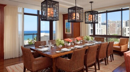 Fototapeta premium Luxurious dining area overlooks oceanfront and city views through expansive windows