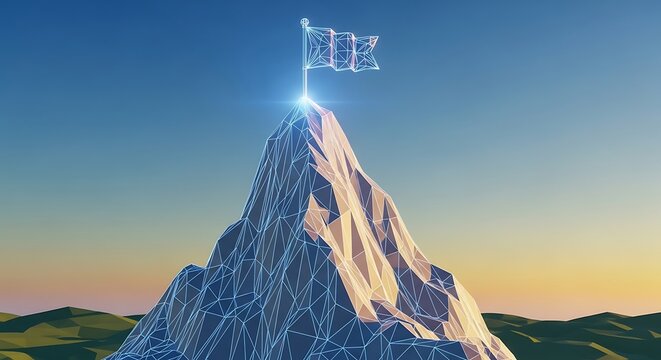 Digital wireframe mountain peak displays a glowing flag against a twilight sky