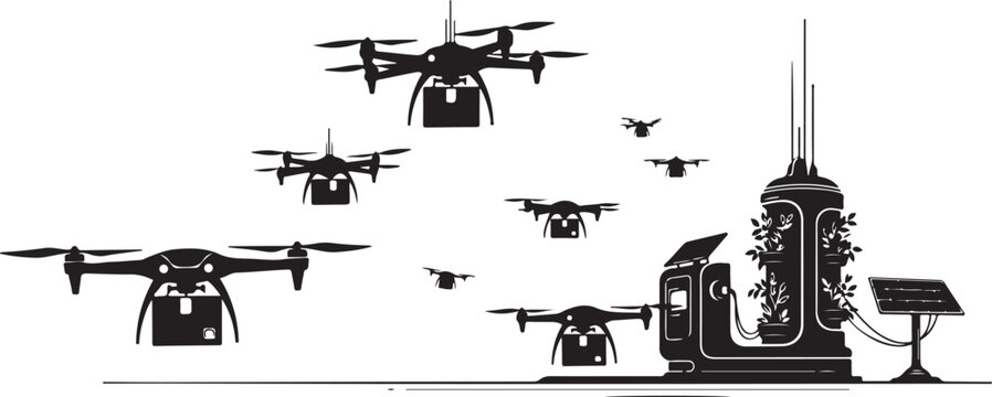 Drone, drones flying, aerial, surveillance, black and white, vector icons, 8 drone shapes