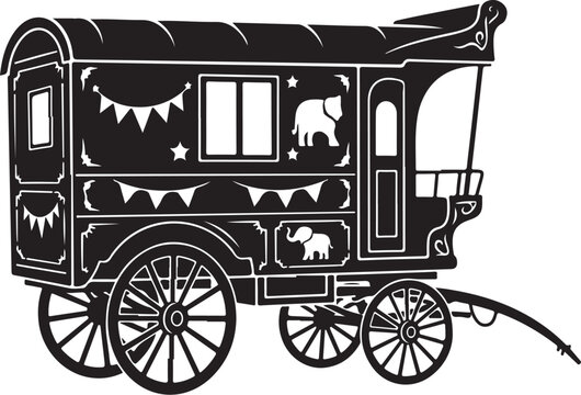 Vintage caravan, gypsy wagon, black illustration, travel trailer, decorative vehicle